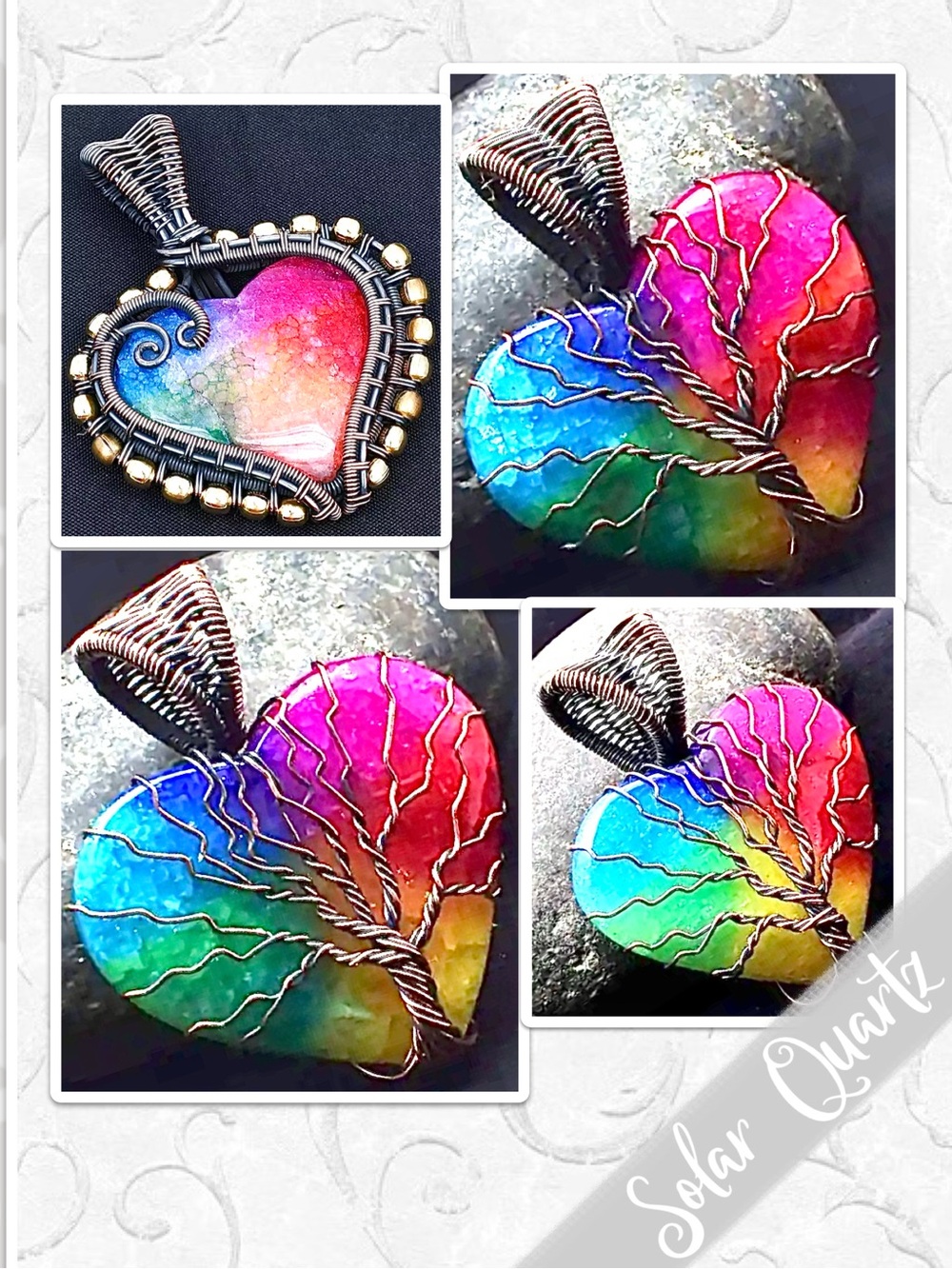 Rainbow Solar Quartz Copper Wire-Wrap Heart Pendant, Blue Green Yellow Red Pink